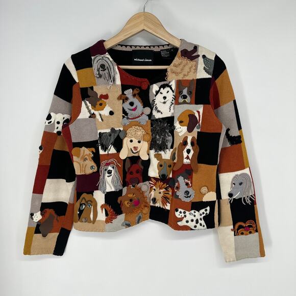 Michael Simon Sweaters - Michael Simon Vintage 90’s Dog Lover Patchwork Cardigan Sweater Beaded Novelty